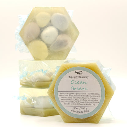 Hexagonal soap bar with 'Ocean Breeze' label on a white background