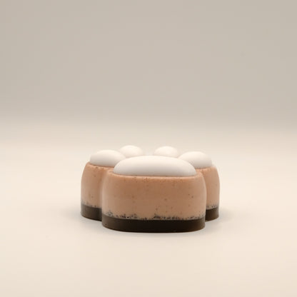 Brown and white paw-shaped soap bar on a light background