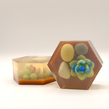 Hexagonal soap bar with embedded stones and succulent on a white background