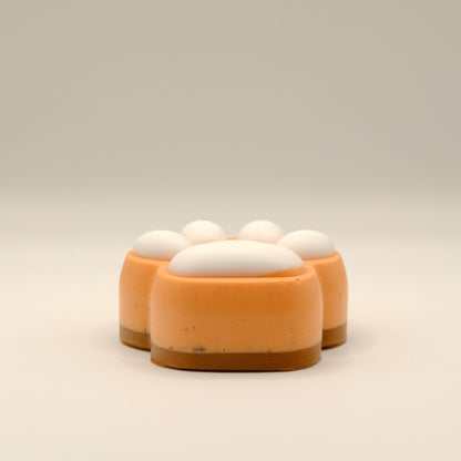 Orange, brown and white paw-shaped soap bar on a beige background