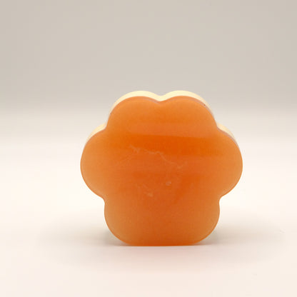 Orange soap bar with a paw print design on a light gray background