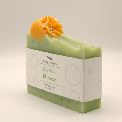 Bar of soap with cactus flower design on a light background