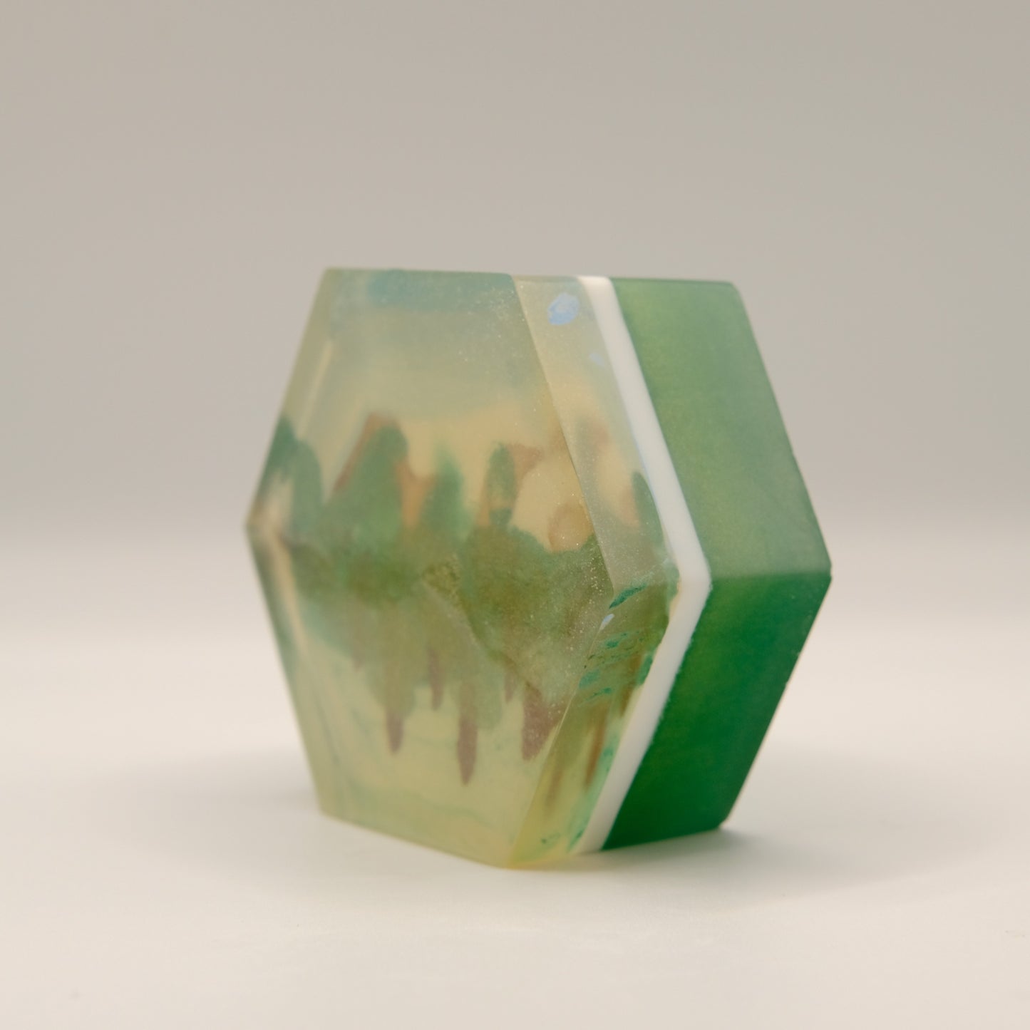 Hexagonal green and white soap bar with a painted picture of trees on a light gray background