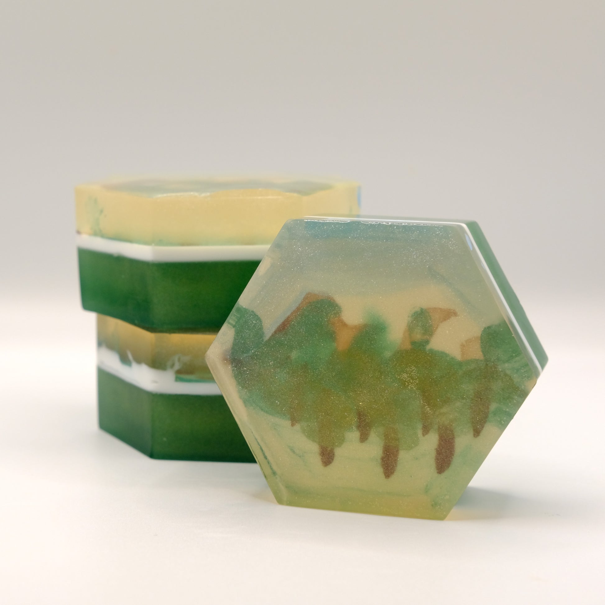 Hexagonal green soap bar with a forest design on a white background