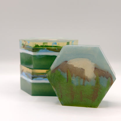 Three hexagonal soaps with a mountain design on a white background