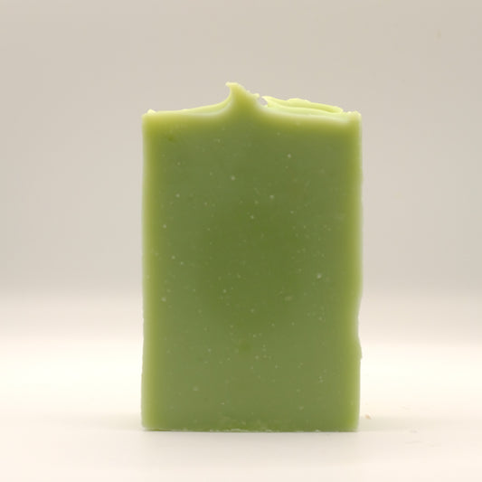 Green bar of soap with a textured top on a white background