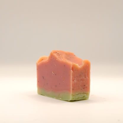 Bar of soap with a red and green gradient on a light gray background