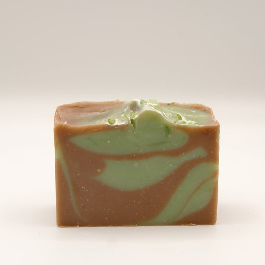 Brown and green swirl patterned bar of soap on a white background