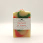 Colorful soap bar with a label on a white background