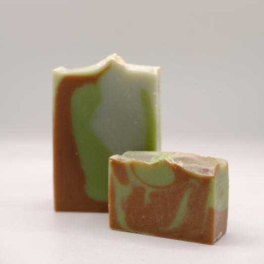 Two swirled soap bars, one larger and one smaller, on a light gray background.