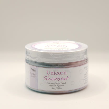 Jar of Unicorn Sherbert foaming sugar scrub on a white background