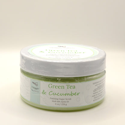 Eight-ounce jar of Green Tea & Cucumber foaming sugar scrub on a white background