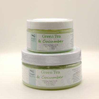 Two jars of Green Tea & Cucumber foaming sugar scrub on a light background