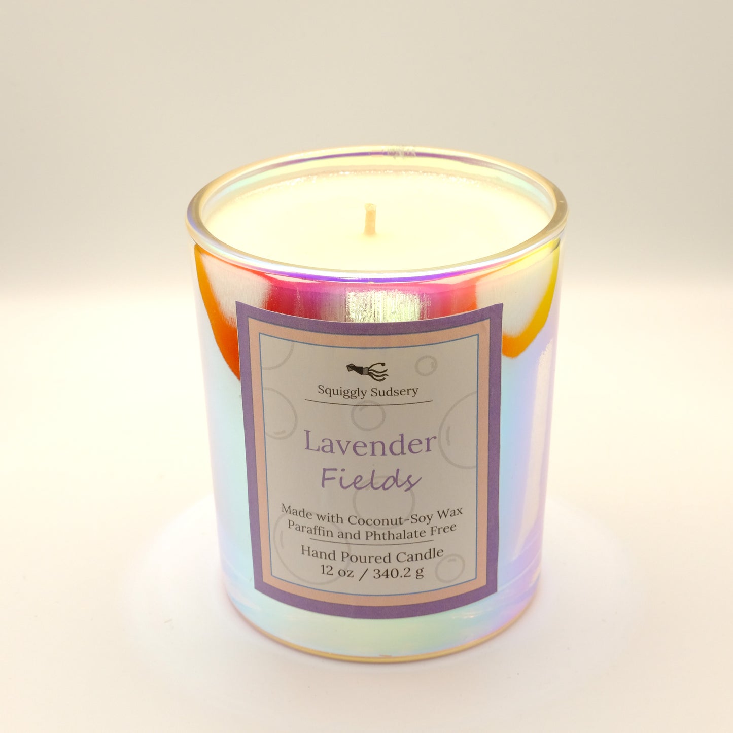 Lavender Candle with a label on a light background