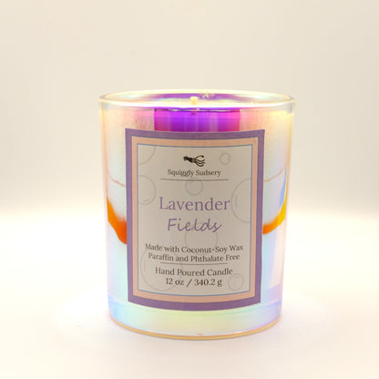 Lavender candle with a label on a white background