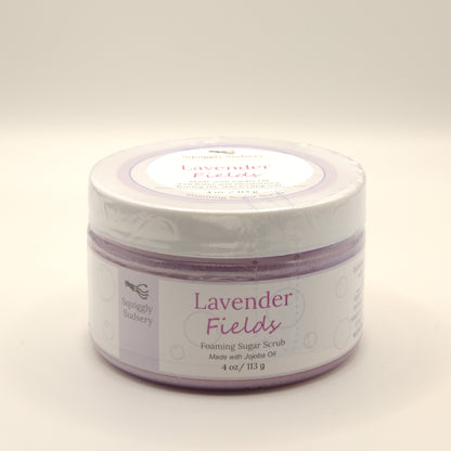 4-ounce jar of Lavender Fields foaming sugar scrub on a white background