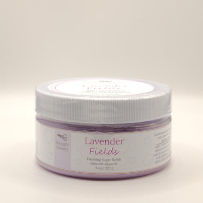Eight-ounce jar of Lavender Fields foaming sugar scrub on a light background