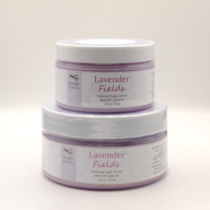 Two stacked jars of Lavender Fields Foaming Sugar Scrub on a light background