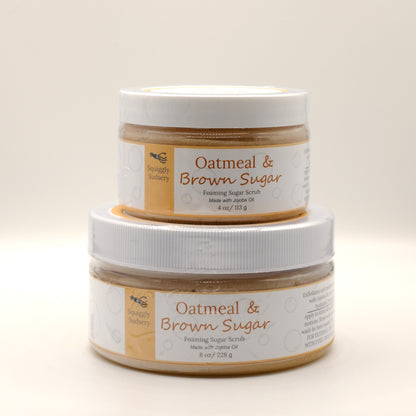 Two stacked jars of Oatmeal & Brown Sugar Foaming Sugar Scrub on a light background