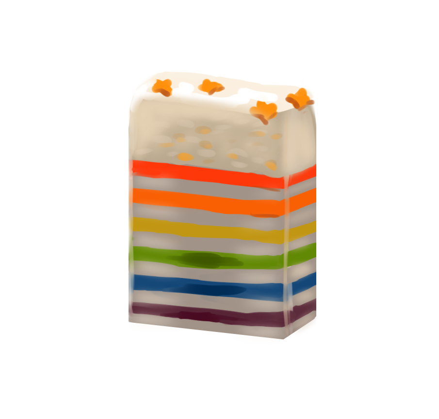 Colorful striped soap bar with star-shaped soap sprinkles on a white background