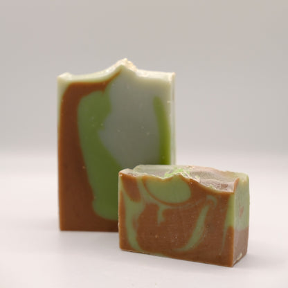Two swirled soap bars, one larger and one smaller, on a light gray background.