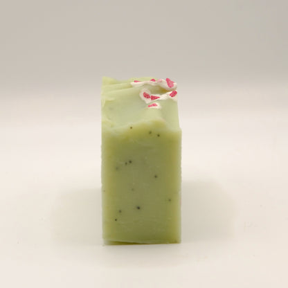 Green soap bar with pink specks on top and darker specks in the soap on a light gray background