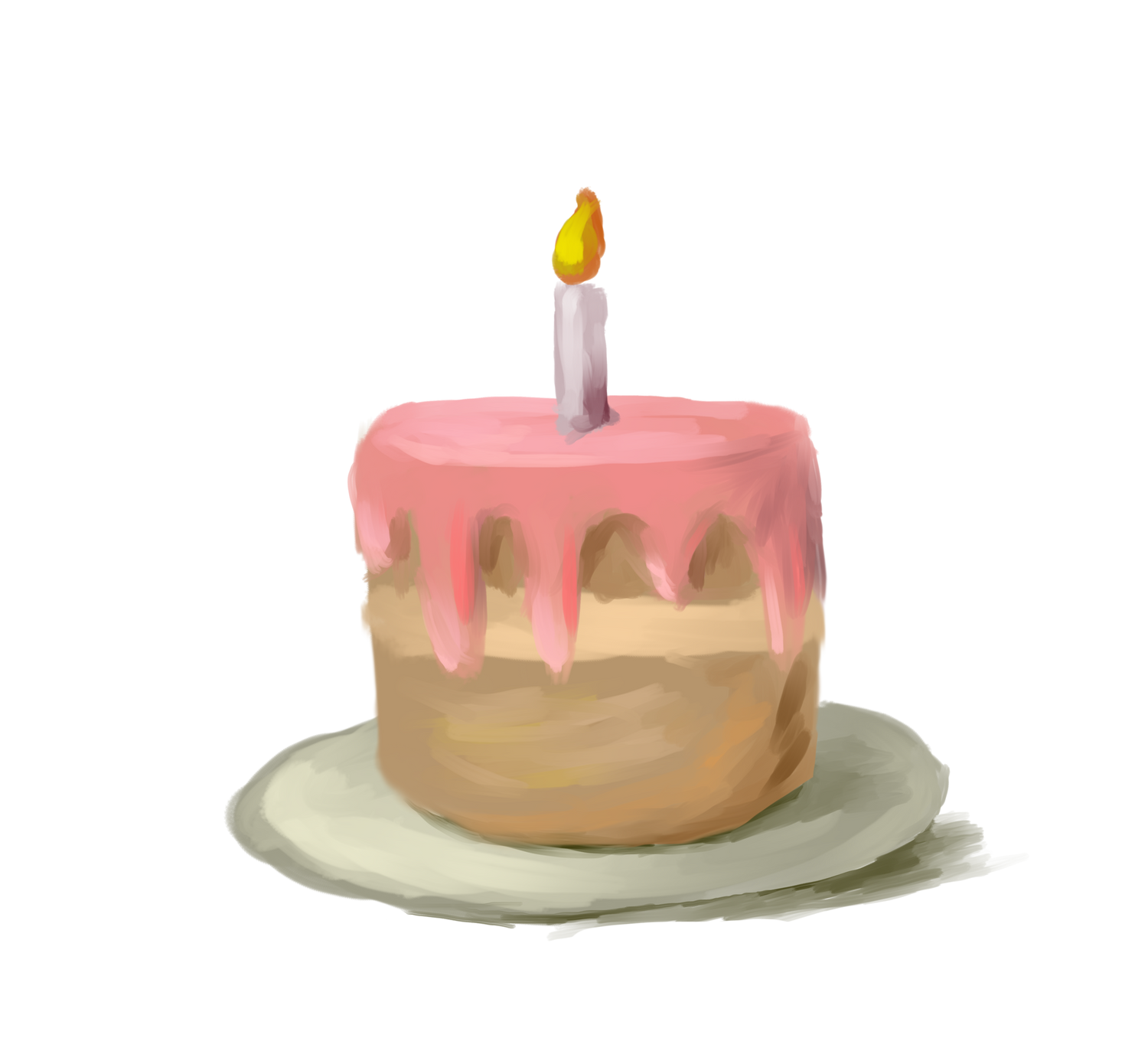 Small birthday cake with pink icing and a single candle on a white background