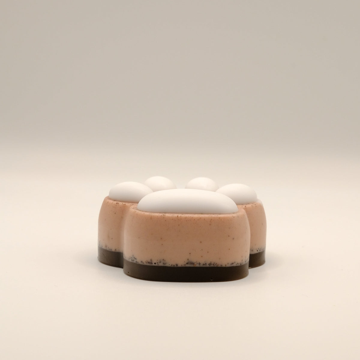 Brown and white paw-shaped soap bar on a light background