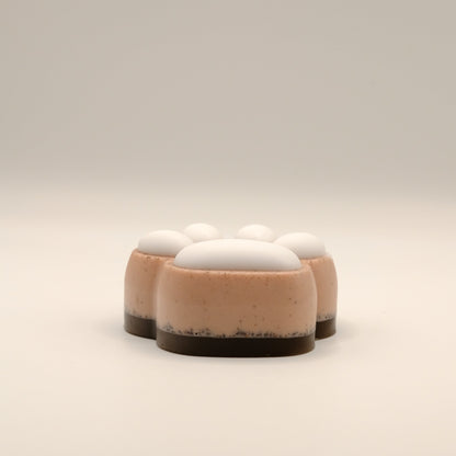 Brown and white paw-shaped soap bar on a light background