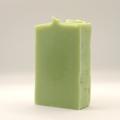 Green bar of soap with a textured top on a light gray background