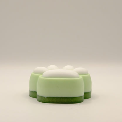 Green and white soap bar with a paw print design on a light gray background