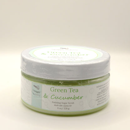 Eight-ounce jar of Green Tea & Cucumber foaming sugar scrub on a white background