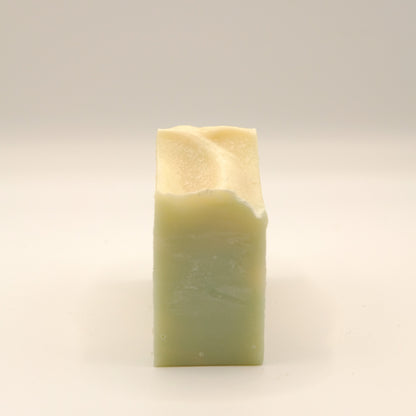 Rectangular bar of soap with a gradient from light to dark green on a beige background