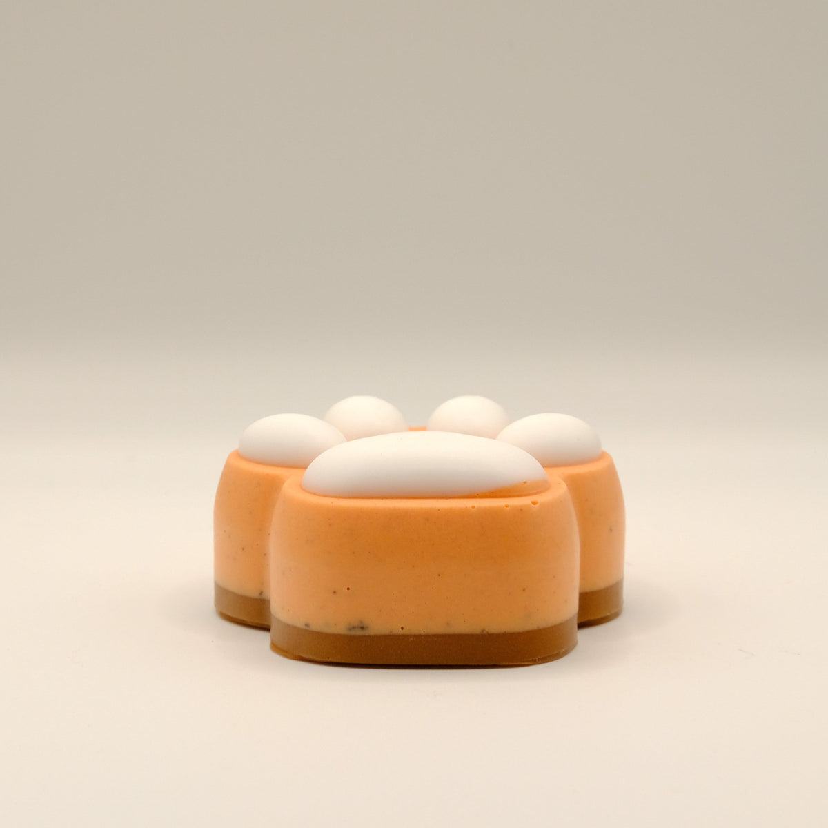 Orange, brown and white paw-shaped soap bar on a beige background