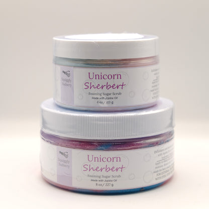 Two jars of Unicorn Sherbert foaming sugar scrub on a white background