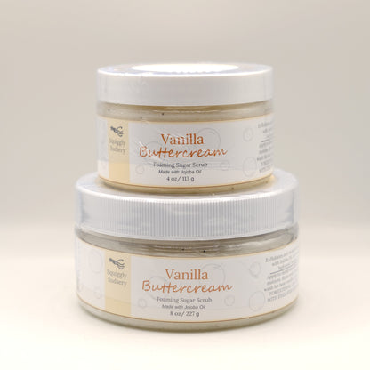Two jars of Vanilla Buttercream body scrub on a light background