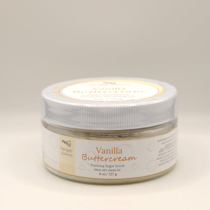 One jar of Vanilla Buttercream body scrub on a light background