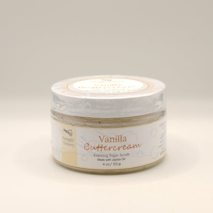 Jar of Vanilla Buttercream foaming sugar scrub on a light gray background