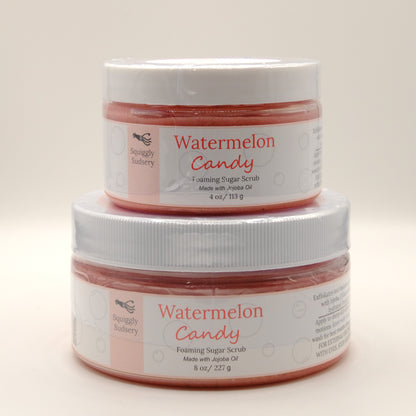 Two jars of 'Watermelon Candy' foaming sugar scrub on a white background.